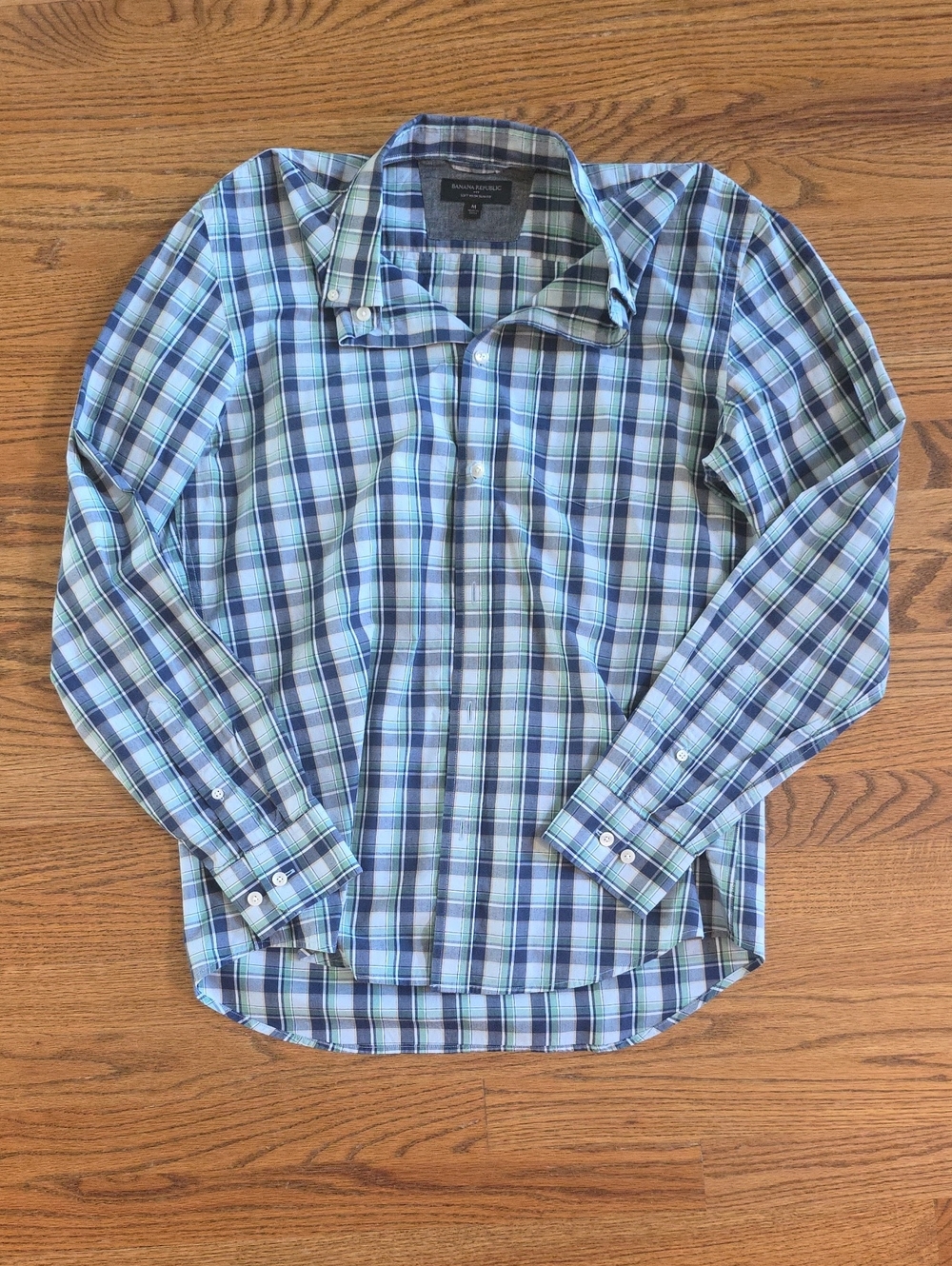 Men's Blue & Green Plaid Button-Up Shirt